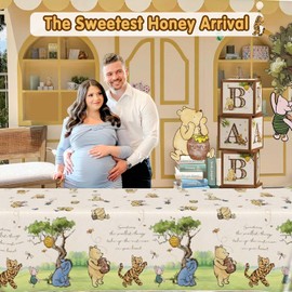 3Pcs Classic Winnie Bear Baby Shower Birthday Decorations Quotes Table Cloths, Neutral Rectangle 54 x 108Inch Disposable Vintage Pooh Bear Tablecloths for Winnie Gender Reveal 1st Birthday Decorations