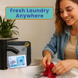 Travel Laundry Detergent Sheets 30 Pack – Hand Wash or Machine Wash Travel Detergent with Universal Sink Stopper and Foldable Laundry Bag Best for Cruise, Hotel, Camping & On-the-Go Washing