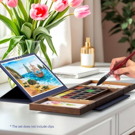 Watercolor Paint Set 24 Vibrant Colors with Walnut Wood Palette,Adjustable Angles Leather Sheath Portable Travel Watercolor Palette Set for Artist