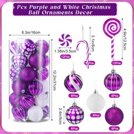 Liliful 66 Pcs Classic Purple and White Christmas Ball Ornaments Decor and Candy Canes Christmas Tree Decorations for Christmas Tree Hanging Decor Candy Lollipop Craft Christmas Party Supplies