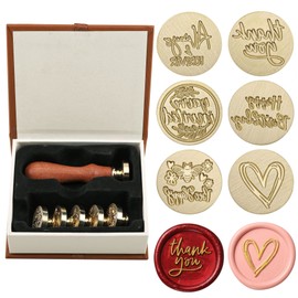 Mogokoyo 6 Piece Sealing Stamp Set Wax Stamp Kit Sealing Wax Stamp Kit with 6 Removable Brass Heads & 1 Wooden Handle for Gift Envelopes Invitations (Blessing Saying)