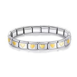 Pulsera italiana de Acero Inoxidable 316L con Corazones Dorados de 9 mm