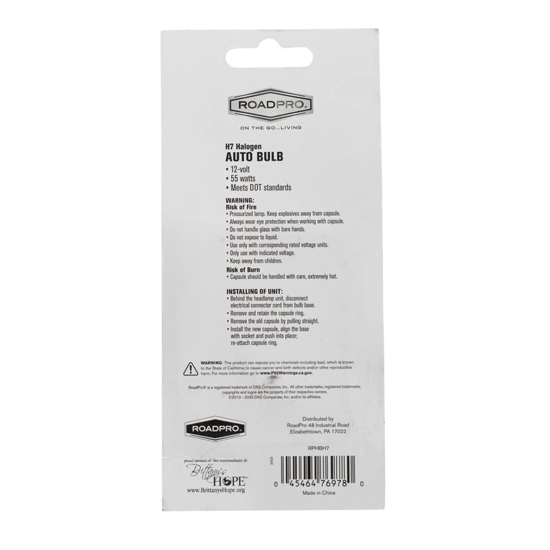 RoadPro RPHBH7 H7 Halogen Automotive Replacement Light Bulb