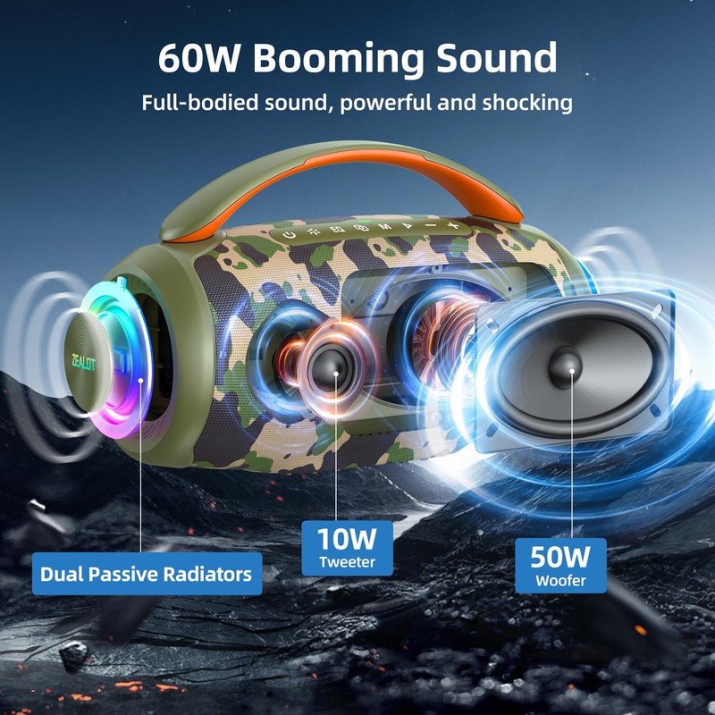 ZEALOT Portable Bluetooth Speaker, 80W Peak Waterproof Loud Booming Sound