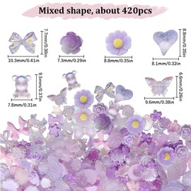 SUNNYCLUE 1 Box 6 Bags Purple Nail Charms Nail Resin Charms 3D Heart Nail Art Nail Accessories Charms Charms with Flat Back 3D Butterfly Nail Art Charm Bear Flower Heart Resin Cabochons for Nail A