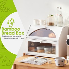 Bamboo Bread Box for Kitchen Bread Storage And Organizer Farmhouse Countertop Bread box Double Layer Bamboo Wooden Extra Large Capacity(White)