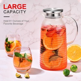 Water Jug, 2.4 L Glass Jug, Water Jug for Fridge, Jug with Lid, Heat Resistant Pitcher, Glass Water Jug for Cold or Hot Beverages, Fridge Water Jug for Juice Sangria, Glass Jug with Lid, Easy Clean