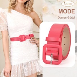 JasGood Damen Ledergürtel in Bonbonfarbe Breiter Leder Gürtel für Damen Taillengürtel mit Quadratischer Schnalle für Jeans Hosen Kleider,Rot,120cm