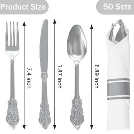 WELLIFE 50 Pack Silver Plastic Silverware,Plastic Cutlery Set Include 50 Forks, 50 Knives, 50 Spoons and 50 Pre Rolled Napkins, Disposable Utensils for Party and Wedding
