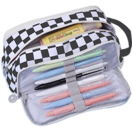 Large Pencil Pouch Pen Case Pencils Holder Bag for Office Writing Stationery Supplies Bags Big Capacity Pens Organizer Travel Cosmetics Storage Black White Checked Plaid Accessories Not Included