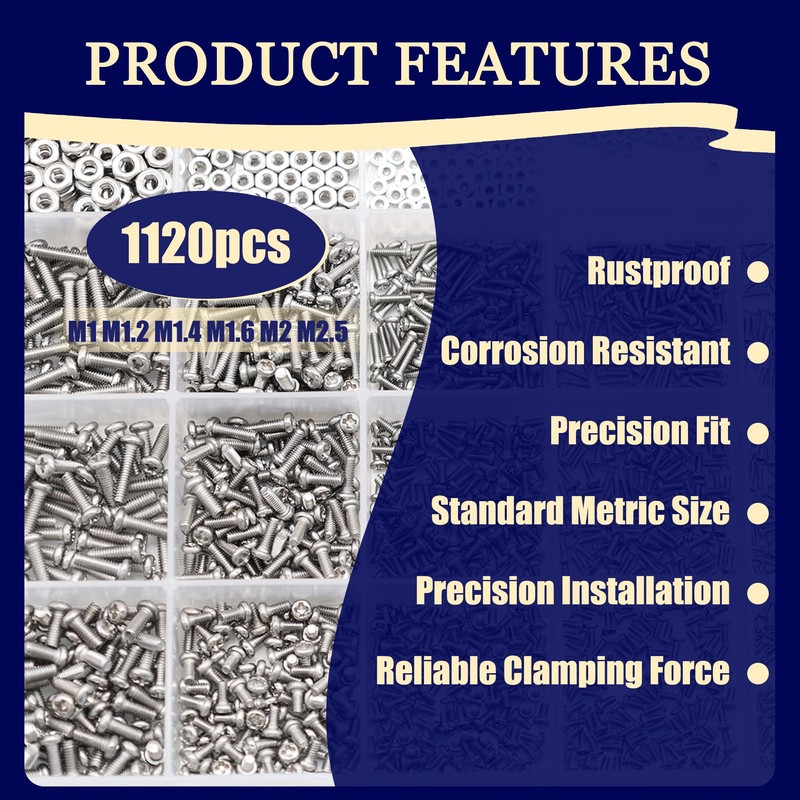Dianrui 1120PCS 304 Stainless Steel Metric Micro Screws Nuts Assortment,