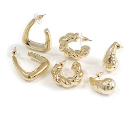 Triangular Hoop/Twisted Hoop/Teardrop Shaped Lightweight Gold Mirrored Effect Acrylic Hoop Earring Set of 3 Pair