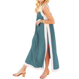 Hooever Women's 2 Piece Sets Boho Color Block Sleeveless Maxi Dress Matching Shorts with Pockets(Teal-S)