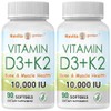 2 Pack Vitamin D3 10,000 IU + K2 MK7 200 mcg, Infused with Virgin Coconut Oil, 90 Softgels, Double Strength Vitamin D & K, Promotes Heart, Bone & Teeth Health - Very Easy to Swallow