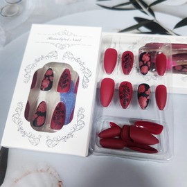 Red Rose Flower Press on Nails Black Leaves Acrylic Medium Almond Fake Nails Glossy Black Rose False Nails Rose Flower Stick on Nails Valentines Gift Gel Glue on Nails for Women Girls 24Pcs