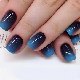 MERVF Square Press on Nails Short Fake Nails Press ons Ombre Blue French Tip Glue on Nails Black Squoval Acrylic False Nails with Design Glossy 24pcs