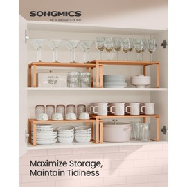 SONGMICS Cabinet Organizer Shelf, Set of 2 Kitchen Counter Shelves, Kitchen Storage, Spice Rack, Stackable, Expandable, Metal and Engineered Wood, Ink Black and Natural Beige UKCS200B01