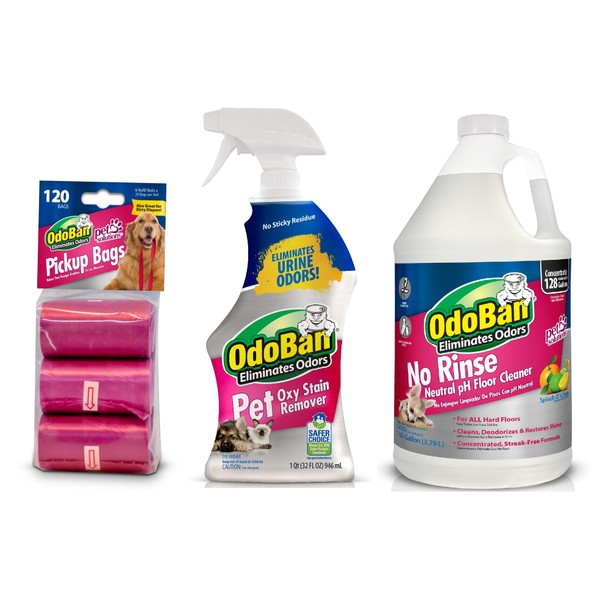 OdoBan Pet Solutions Oxy Stain Remover, 32 Ounce Spray, Neutral pH Floor Cleaner Concentrate, 1 Gallon, and 120 Dog Waste Pickup Bags