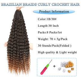 Auxemuen 8 Packs Pre Looped Brazilian Micro Kinky Curly Crochet Hair 30 Inch Afro Ocean Wave Curly Crochet Braiding Hair Extensions Deep Wave Synthetic Mini Senegalese Twist Braids (1B/30)