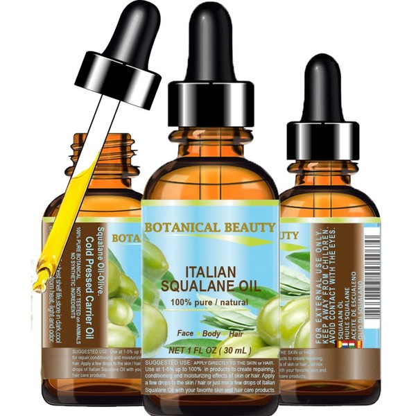 Botanical Beauty SQUALANE Italian Olive. 100% Pure/Natural/Undiluted Oil. 1 fl.oz- 30ml. 100% Ultra-Pure Moisturizer for Face, Body & Hair. Reliable 24/7 skincare protection