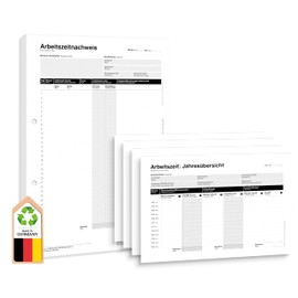 Frank Paperman® 1 x Set of 50 x Working Time Recording as Block + 4 x Annual Overviews, Working Time Recording for Small Businesses - Hours Book for Work A4, Legally Compliant Documentation DE & EN