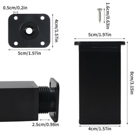 Luabue Pack of 4 Furniture Feet, Adjustable, 8 cm, Metal Furniture Legs, Replacement Furniture Feet, Black Square Profile Feet for Furniture with Screws for Sofa, Cabinet, Bed, Table, Chair (Black, 8