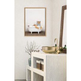 Kate and Laurel Sylvie Bengal Tiger in Rustic Bath Framed Canvas Wall Art by Amy Peterson Art Studio; 18x24 Natural; Modern Fun Decorative Bathtub Wall Art for Home Décor