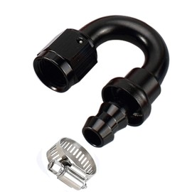 AC PERFORMANCE 180 Degree Female -8 AN to 1/2" Push Lock Hose End Barb Fitting Aluminum Black with Clamp