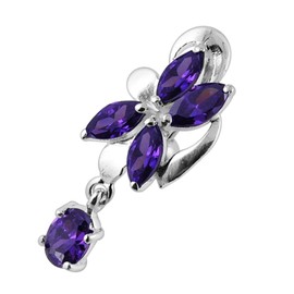 Purple CZ Crystal Stone Orchid with Oval Gems Dangling Reverse Bar 925 Sterling Silver Belly Ring Body Jewelry
