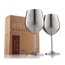 Gusto Nostro Stemmed Stainless Steel Wine Glasses - 18 oz Unbreakable Goblets for Outdoor Pool Party, Anniversary and Wedding Toasting - Elegant Silver Tone Drinkware for Cocktails (Set of 2)