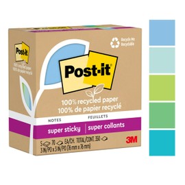 Post-it 100% Recycled Paper Super Sticky Notes, 2X The Sticking Power, 3x3 in, 5 Pads, 70 Sheets/Pad, Oasis Collection (654R-5SST)