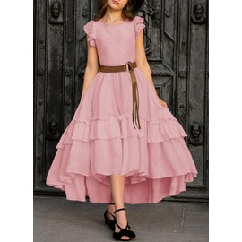 HOSIKA Girls Vintage Floral Lace Boho Ruffle Swing Birthday Party Holiday Flower Girl Dress for Kids 6-12 Years Pink M