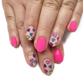 Valentine's Day Pink Press on Nails Short Round Fake Nails Matte Glue on Nails Colorful Heart False Nails with Designs Full Cover Reusable Acrylic Stick on Nails DIY for Women Girls 24Pcs