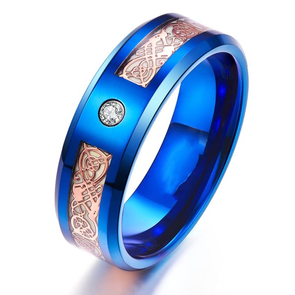 Anillo de dragón brillante en la oscuridad de 8 mm de acero inoxidable azul real, anillo luminoso de dragones celtas Aurora, Acero inoxidable Cristal, Zirconia cúbica