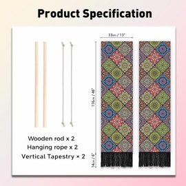 PLIGREAT 2 Pack Boho Wall Tapestry with Hanging Ropes Aesthetic Mandala Wall Hanging for Bedroom Living Room Vintage Rustic Home Decor Long Narrow Art Tapestry, 52" x 13"