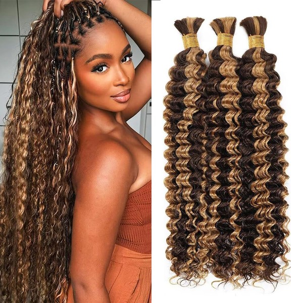 Highlight Deep Wave Bulk Human Hair for Braiding 16 inch
