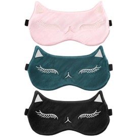 Cute Eye Mask for Sleeping 3Pcs Cat Silk Eye Mask Women Soft Satin Eye Mask Cover Blackout Blindfold with Elastic Strap Travel Eye Mask(3 Colors)