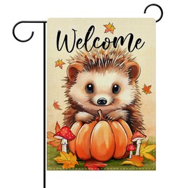 Dyrenson Welcome Fall Hedgehog Pumpkin Decorative Garden Flag, Autumn Thanksgiving Mushroom Yard Outside Home Decoration, Maple Leaves Farmhouse Burlap Outdoor Small Decor Double Sided 12 x 18