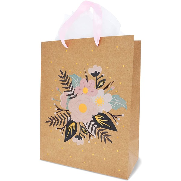 Floral Gift Bags – 12-Pack Brown Kraft Bags for Weddings, Retail - 20 Tissue Paper Sheets Included (13 x 10 Inches)