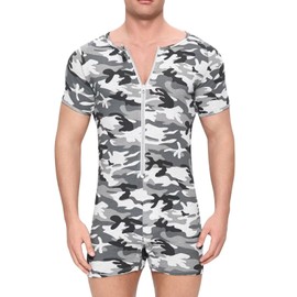 Landofgenie Onesie for Men Cotton Short Sleeve Camouflage Pajama Jumpsuits One Piece Printed Romper Bodysuit Zipper Up Light Grey S