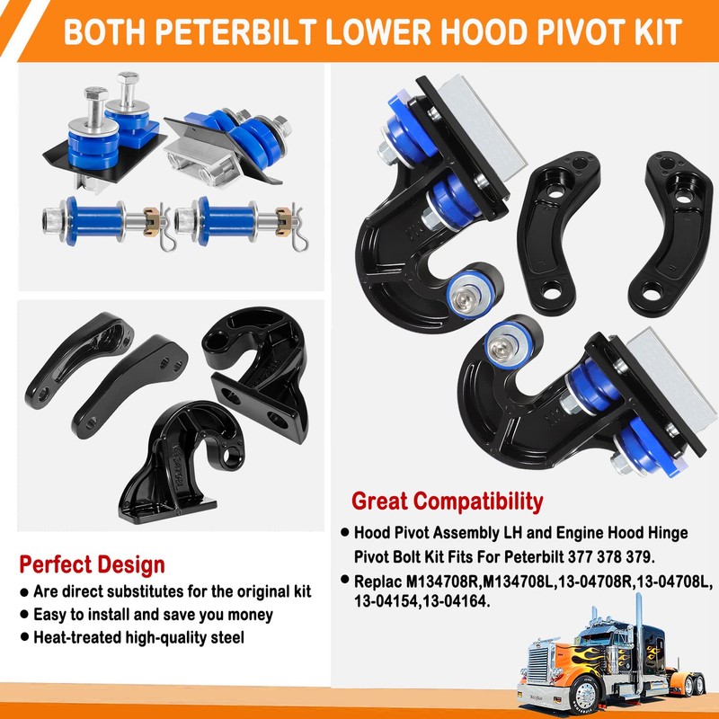 for Peterbilt Lower Hood Pivot Kit & Hinge Bolt &