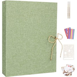 AIOR Linen Cover DIY Scrapbook Album 11x8.3 Inch 60 Pages for 3x5 4x6 5x7 6x8 Pictures, Ideal Gift for Birthday Christmas Family Photo Albums, Green