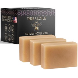 Terra Lotus - Organic Tallow Soap with Organic Castor Oil & Raw Honey - Relief for Dark Spots, Acne Marks, Hydrating & Nourishing - 3 Pack (Lavender)