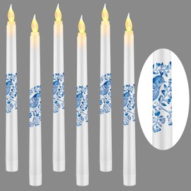 6 Pcs Chinoiserie Flameless Taper Candles Battery Operated 10 Inch LED Flameless Candlesticks Flowers Birds LED Candles Fake Flickering Candles for Kitchen Home Decor Christmas Fall Wedding Party