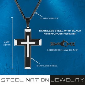 Men's Stainless Steel Cross Pendant with Black Finish, Elegant Design, 24-Inch Chain