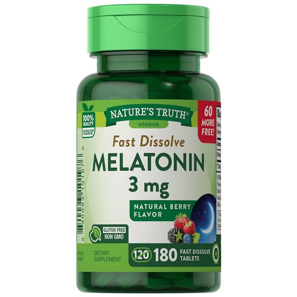 Nature's Truth Melatonin 3 mg Fast Dissolve Tabs Natural Berry Flavor - 180 ct, Pack of 3
