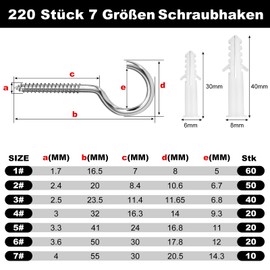 Celepoir 220 Piece Screw Hooks Set with 30 Dowels, 7 Sizes Hooks for Screwing Silver Ceiling Hooks with Thread, Metal Hooks for Screws, Hook Screws for Hanging Plants, Tea Cups, Keys