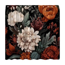 LAEDCIITI Black Boho Floral Shower Curtain Colorful Watercolor Flower Rustic Peony Retro Vintage Leaves Blossom Aesthetic Plant Botanical Fabric Bath Curtain with Hook