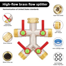 EJW Brass Garden Hose Splitter, Outdoor Faucet Garden Hose Splitter, 4 Way Heavy Duty High Flow Splitter, Heavy Duty Hose Fitting 3/4”, 4 Way Hose Splitter 4 Extra Rubber Washers & 1 Tape