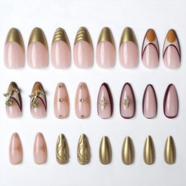 24Pcs Gold Gilding Press on Nails Medium Almond French Tip Fake Nails with Glitter Star Rose Design Exquisite 3D Flower False Nails Full Cover Artificial Glue on Nails Nude Stick on Nails for Women